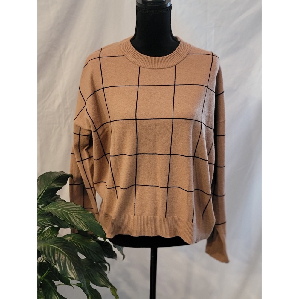 Tahari Womens Tan Black Windowpane Grid Crewneck Pullover Sweater Size Large